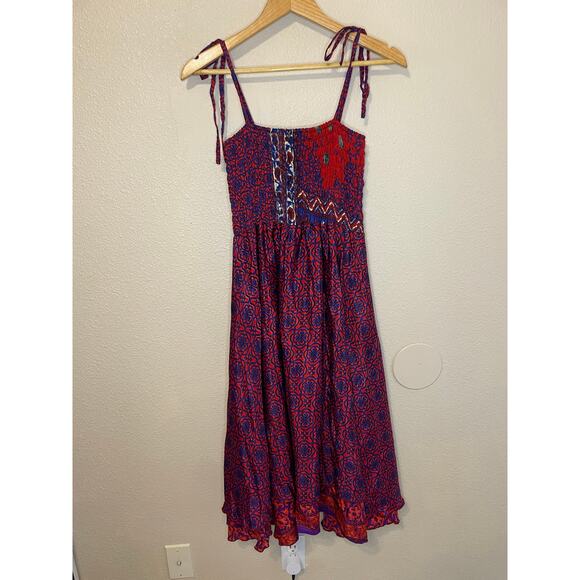 WEVEZ Boho Floral Red Print Smocked Top Spaghetti Strap Silk Midi Sun Dress Med - Picture 3 of 13